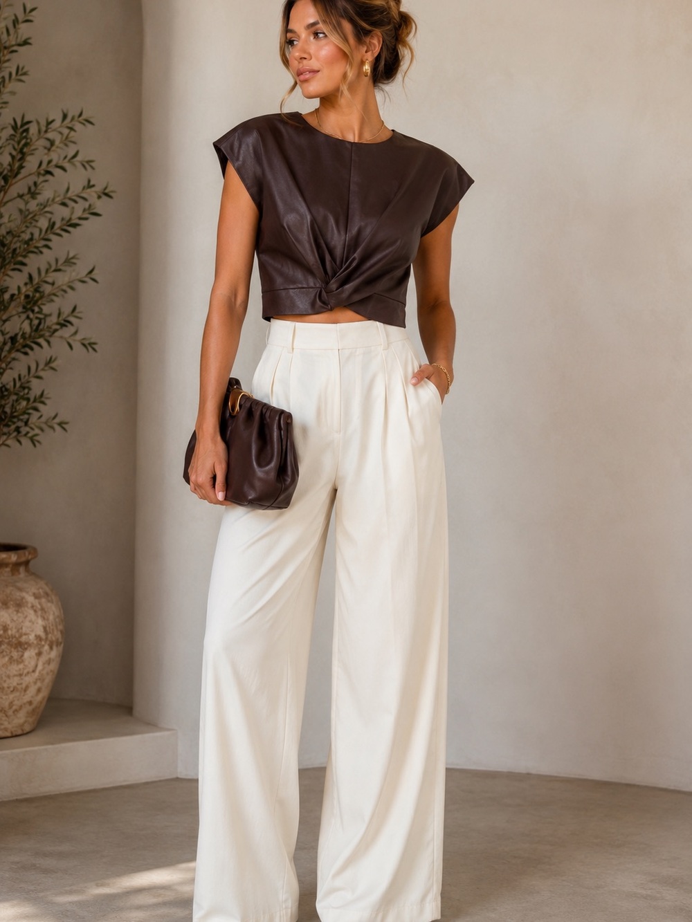 Commense Chocolate Brown Faux Leather Twist Front Crop Top | NWT | Size L